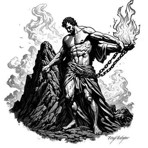 Prometheus chained to mountain holding fire tattoo design idea