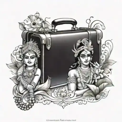 A tattoo design incorporating elements of Lord Radha Krishna and symbols of success in business, such as a briefcase or a graph chart tattoo design idea