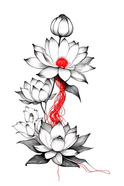 black lotus flowers and red thread flowy spine tattoo dainty and asian tattoo design idea