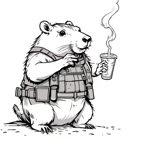 capybara dressed in army coming out a tank holding a drink and smoking tattoo design idea