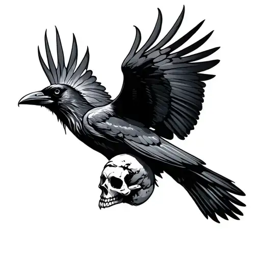 flying raven carrying muddy skull tattoo design idea