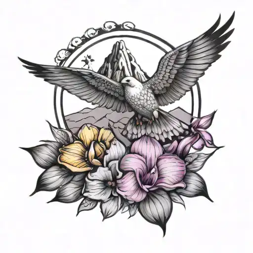 a half sleeve kurdish tattoo with a kurdish sun rising over mountains with a dove and a purple orchid  tattoo design idea