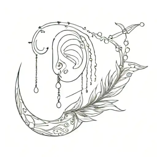 one fairy wing behind the ear with earring like chains coming down connected to a sun and moon design into each other   tattoo design idea