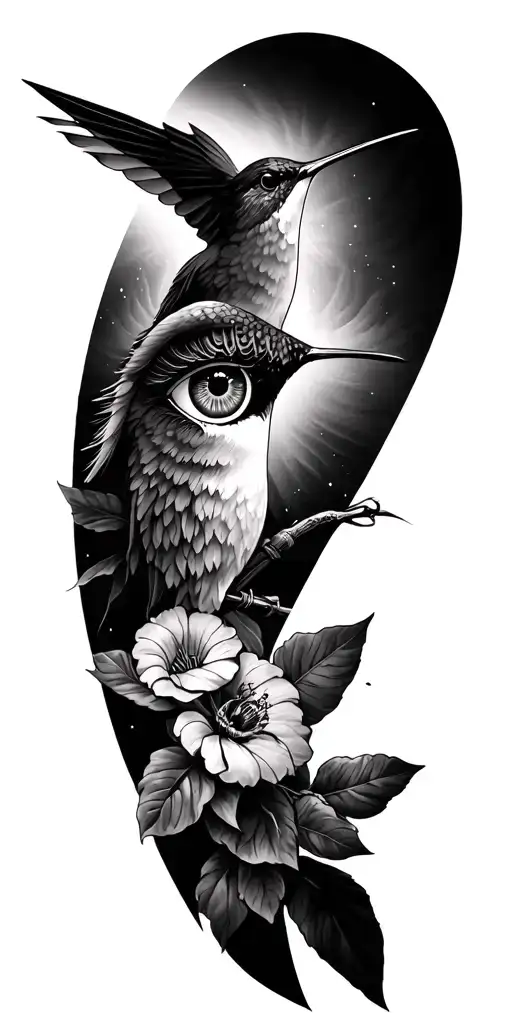 sleeve tattoo, all seeing eye, time, everlong, hummingbird, combat sports tattoo design idea
