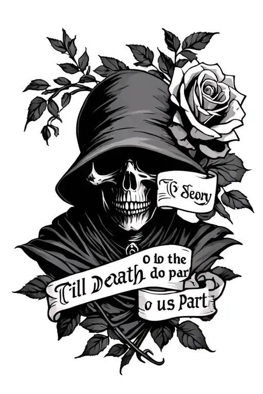 grim reaper with rose tattoo saying till death do us part tattoo design idea