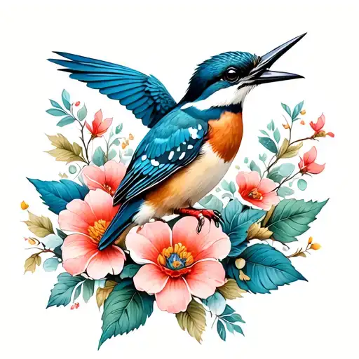 belted Kingfisher flowers surrounding tattoo design idea
