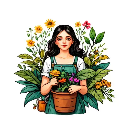 girl gardening tools and plants tattoo design idea