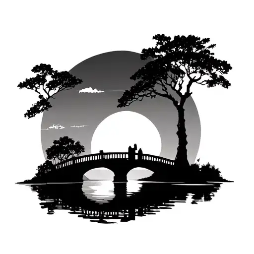 plam tree sun set bridge tattoo design idea
