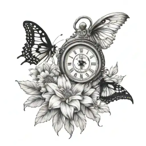 butter fly & sun flowers & grandfather clock tattoo design idea