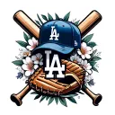 LA dodgers logo floral with baseball cap, baseball bat and baseball glove tattoo design idea