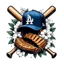 LA dodgers logo floral with baseball cap, baseball bat and baseball glove tattoo design idea