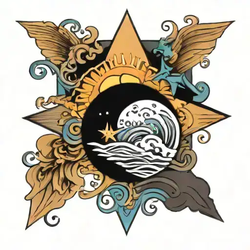 sun, moon, waves, ocean, stars, elements, earth. tattoo design idea