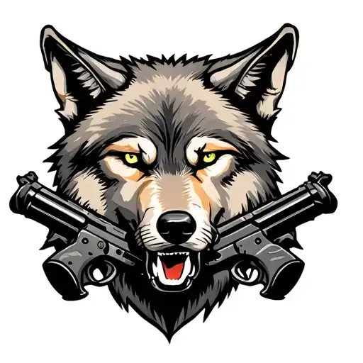 wolf with guns crossed tattoo design idea