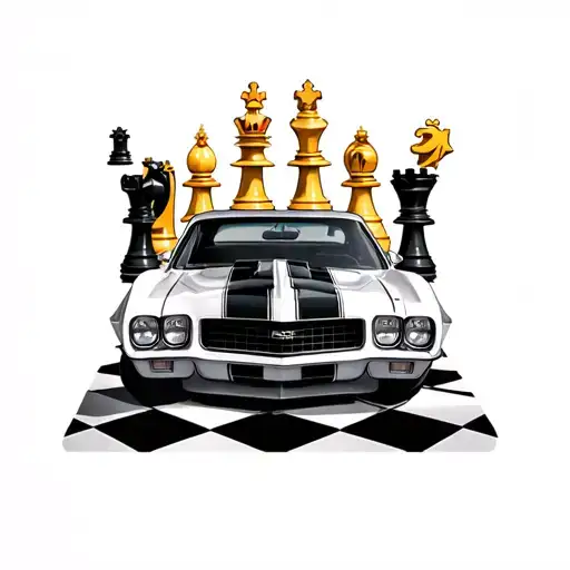 Arm sleeve Tattoo of King and Queen Chess pieces on a chess board, with 68 Chevy Camaro SS with racing stripes, Detroit tattoo design idea