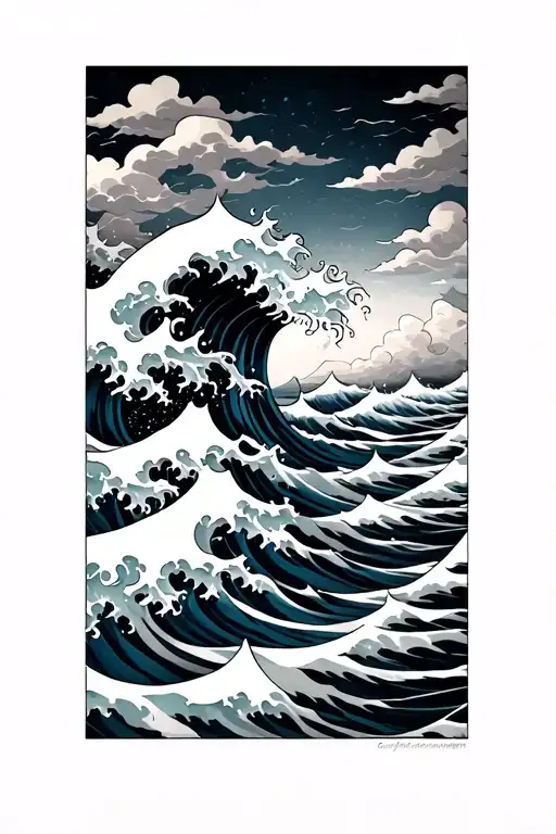 Japanese sea waves and clouds tattoo design idea