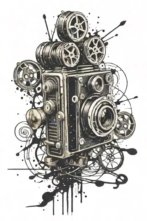 A tattoo design of a vintage camera and film reel, with paint splatters and musical symbols in the background, symbolizing the client's diverse interests in art, photography, and music tattoo design idea