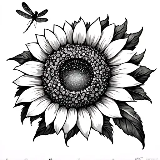virgo zodiac symbol with dragonfly landing on a sunflower tattoo design idea
