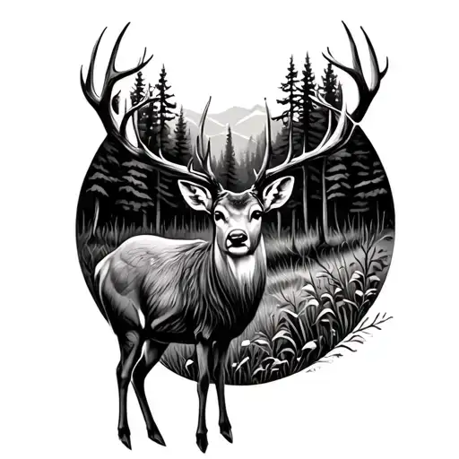 cross hatch pointed at painted deer in forest tattoo design idea