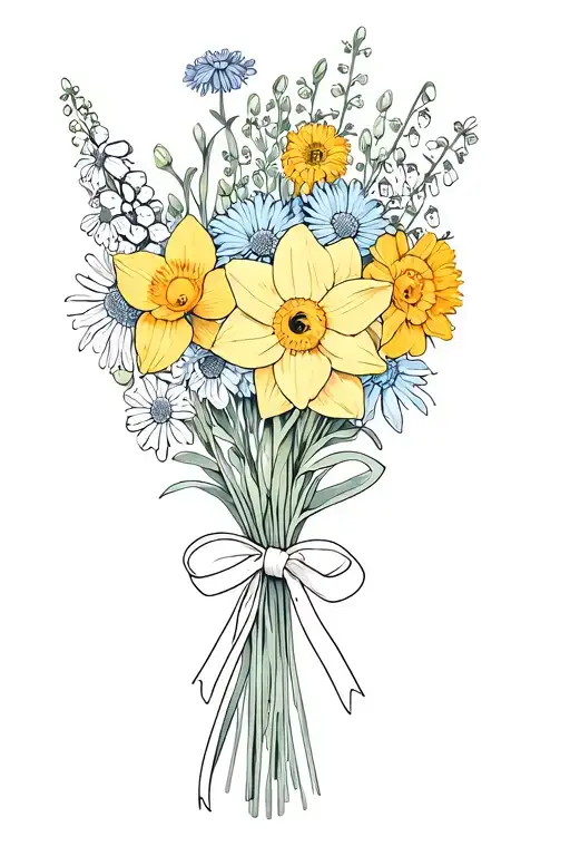 daffodil,marigold,aster,chrysanthemum,lily of the valley,larkspur,violet,narcissus all tied up in a bouquet with a ribbo tattoo design idea