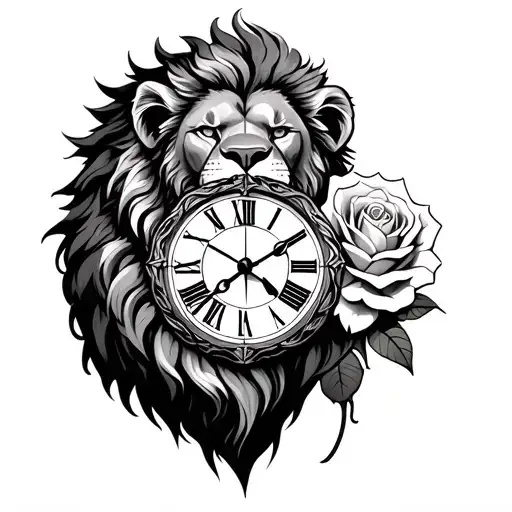lion and clock and rose intertwined tattoo design idea