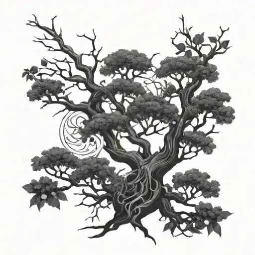 A poison tree with hidden anime symbols within the branches tattoo design idea