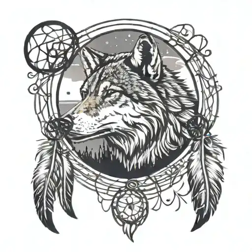 sillouette of wolf howling at the moon that looks like a dream catcher inside a paw print tattoo design idea