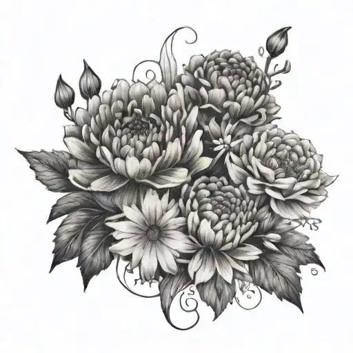 fine line tattoo with four flowers including a carnation, a cosmo, a aster, a Chrysanthemum  tattoo design idea