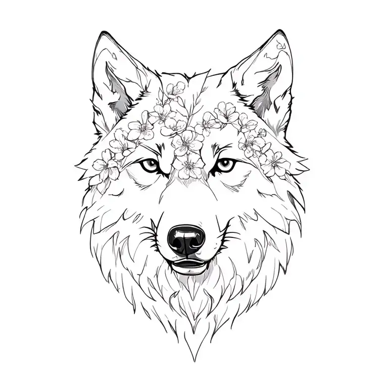 Wolf head with cherry blossoms tattoo design idea