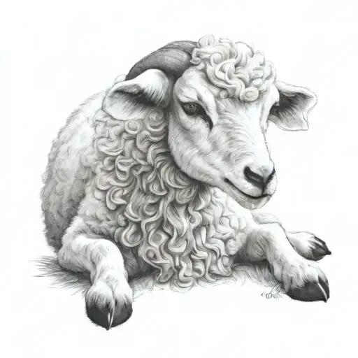 delicate lamb laying down fine line tattoo design idea