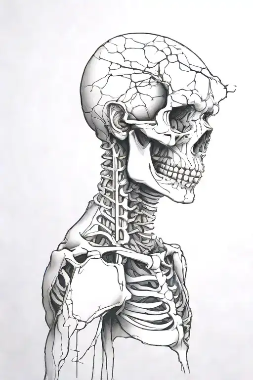 skeleton with hand inside a cracked head profile holding tattoo design idea