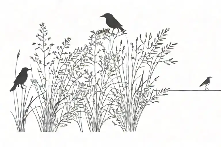 landscape with large crow a pair of otis tarda, Scilla bifolia, Ocimum basili, Cumstipa pennata, festuca vale, mugwort tattoo design idea