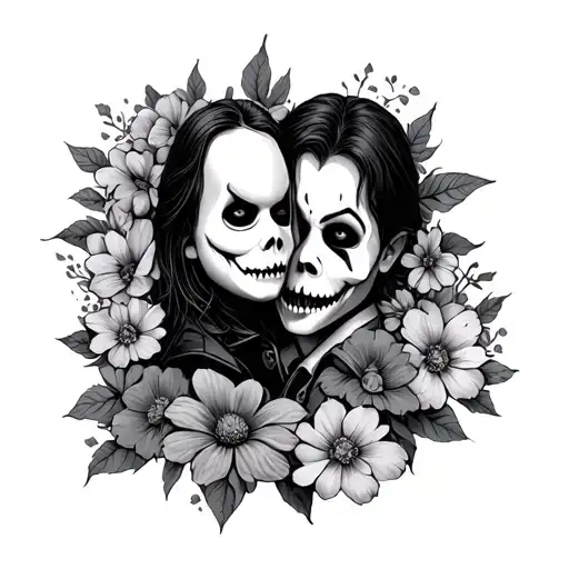 floral horror movie characters ghostface Chucky and Myers tattoo design idea
