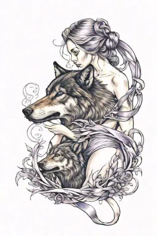 woman and wolf with purple ulcerative colitis ribbon tattoo design idea