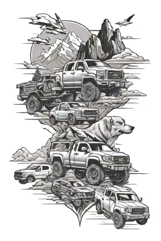 money, off-road trucks ,mountains ,love , dogs, family , destiny  tattoo design idea