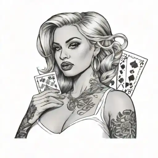realism busty woman wearing white top nipples pierced holding a royal flush tattoo design idea