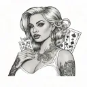 realism busty woman wearing white top nipples pierced holding a royal flush tattoo design idea