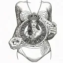 realism busty woman wearing white top nipples pierced holding a royal flush tattoo design idea