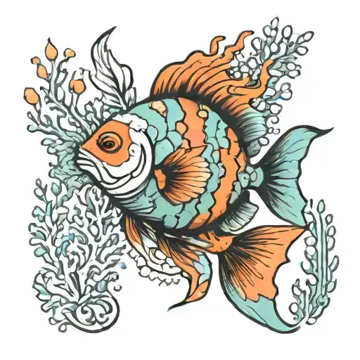 pisces with clownfish reef corals tattoo design idea