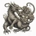 A western style dragon fighting against a Buddist liondog tattoo design idea