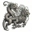 A western style dragon fighting against a Buddist liondog tattoo design idea