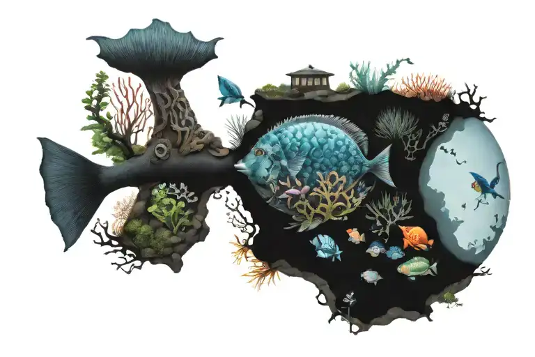 An intricate design of a saltwater aquarium filled with various marine creatures tattoo design idea