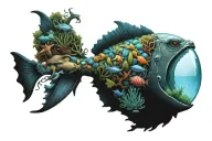An intricate design of a saltwater aquarium filled with various marine creatures tattoo design idea