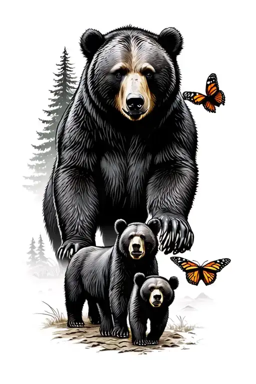 Papa bear and 3 black bear cubs and 2 monarch butterfly walking in the wilderness trees tattoo design idea