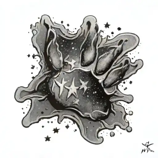 Moon and Stars in the shape of a pawprint with the name "Nyx" in it tattoo design idea