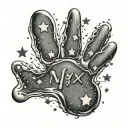 Moon and Stars in the shape of a pawprint with the name "Nyx" in it tattoo design idea