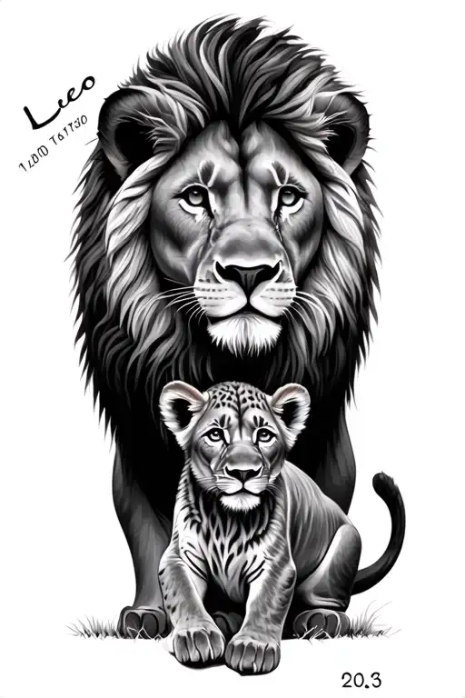 lion and cub with time and date and name leo tattoo design idea