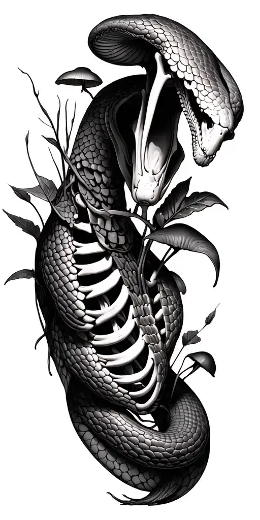 snake skeleton with plants and mushrooms growing tattoo design idea