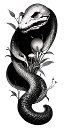 snake skeleton with plants and mushrooms growing tattoo design idea