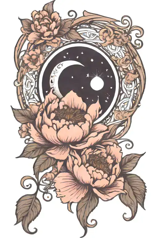 crescent moon, fairy core, peony, art nouveau style design tattoo design idea