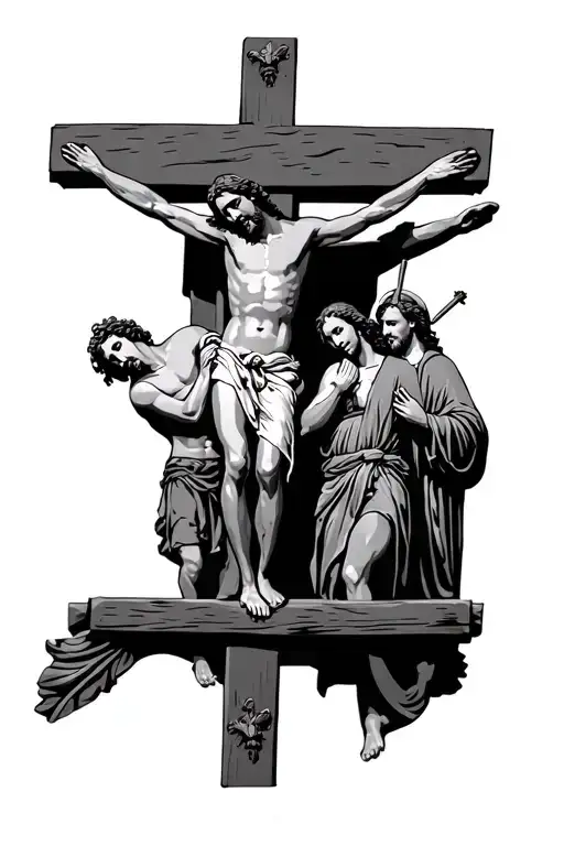 crucifixion of Jesus with Roman soldiers and Mary praying at his feet tattoo design idea